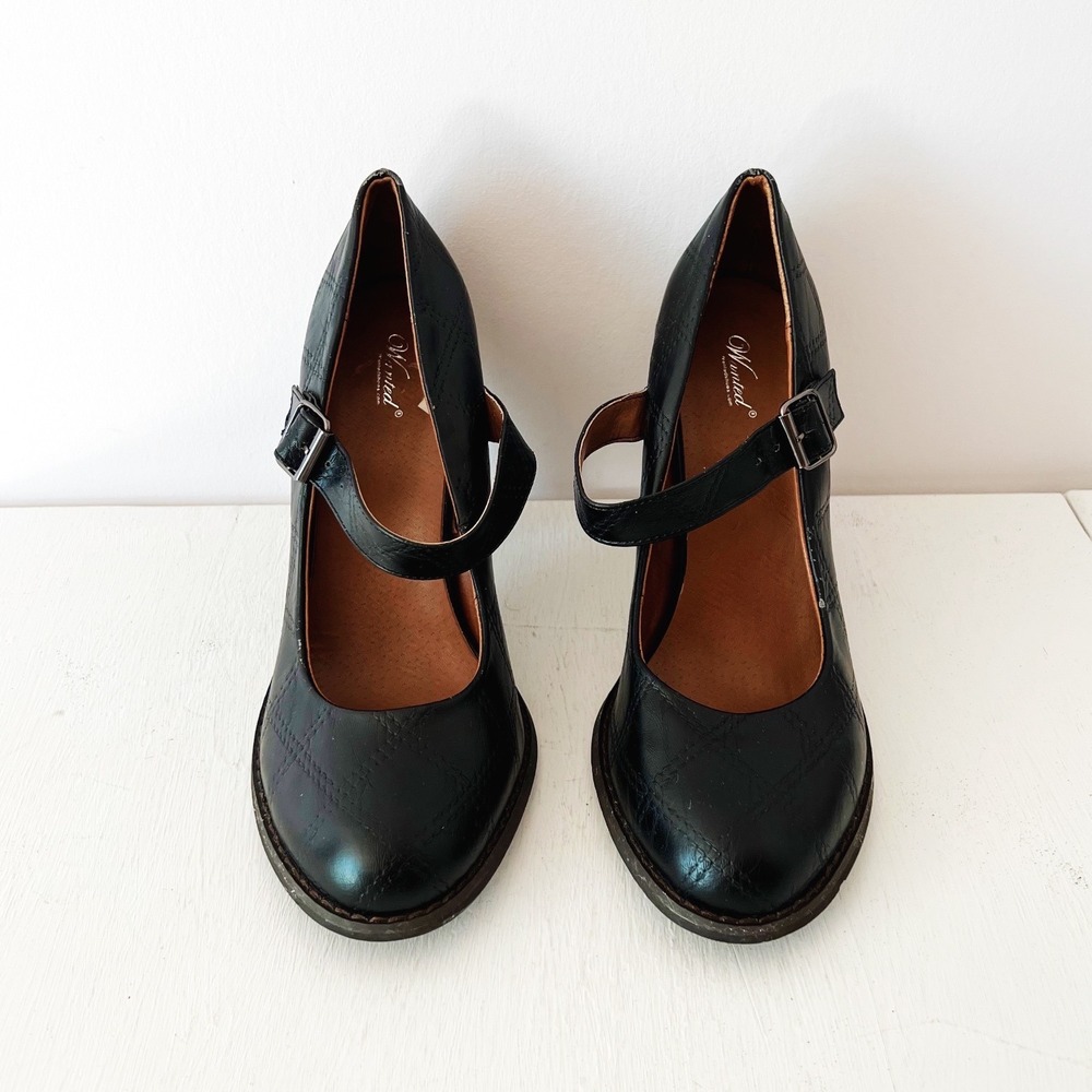 Y2K Wanted Bandy Mary Jane Pumps Black Quilted Block Heel Size Dark Academia 9